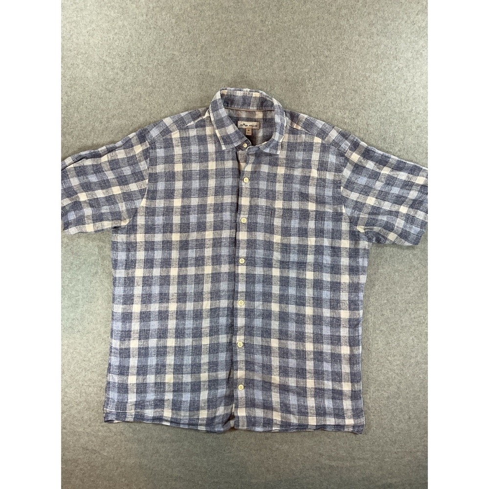 Peter Millar Button Up Linen Blend Blue Plaid Short Sleeve Casual Sz Medium #484